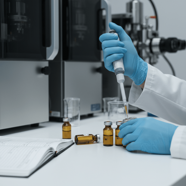 Technicien de laboratoire effectuant analyse HPLC d'échantillon CBD pour production certificat d'analyse