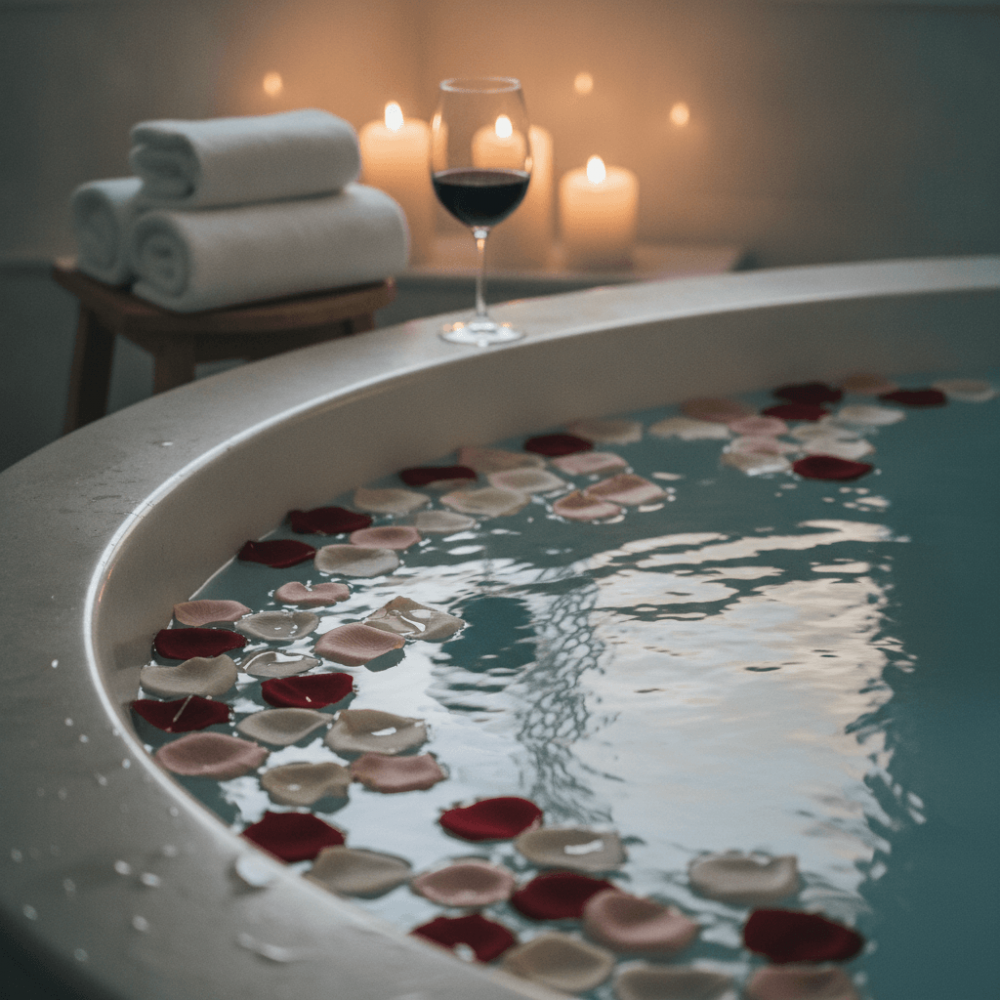 Gros plan sur un jacuzzi privatif avec pétales de rose et bougies dans une love room